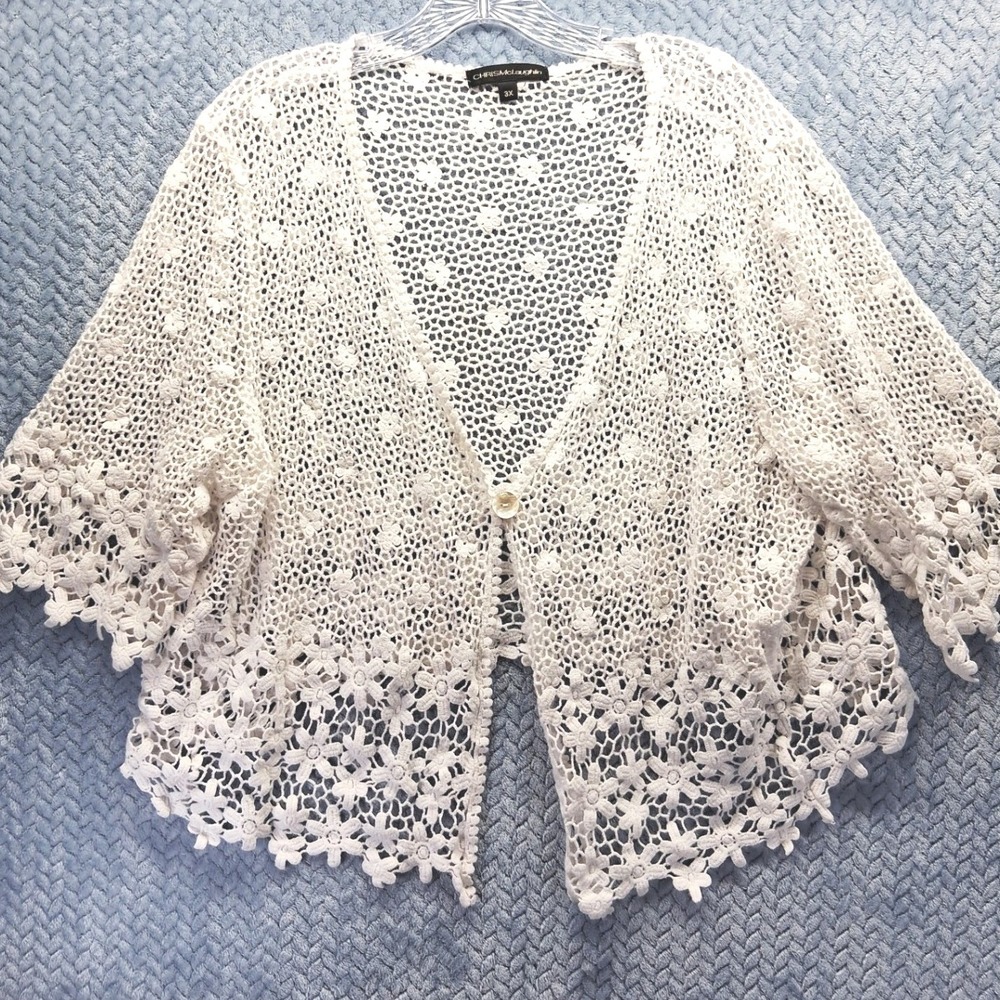 Chris McLaughlin White Floral Crochet Cardigan Sweater Plus Size 3X Cotton Boho